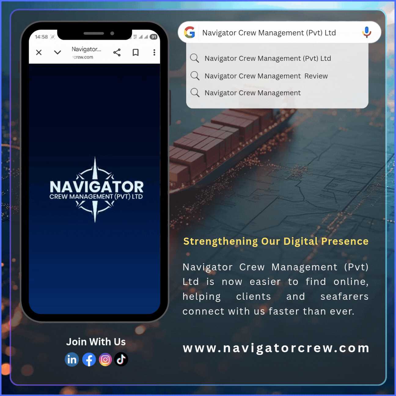 Navigator Crew Management website displayed on a mobile device showcasing the company's digital presence.